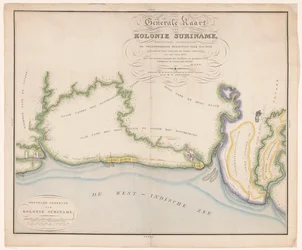 Parte de um mapa do Suriname Mapa geral da colônia do Suriname, mostrando principalmente as construções atuais da colônia (título no objeto)