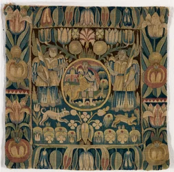 Almofada de tapeçaria representando Sansão a matar o leão, fabricada em Schleswig-Holstein, Dinamarca, c.1615 (lã)