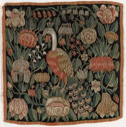 Almofada de tapeçaria representando um pássaro no meio de flores, fabricada em Schleswig-Holstein, Dinamarca, c.1690 (lã)