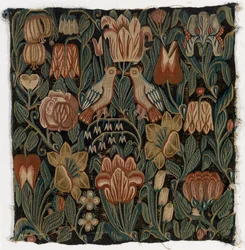 Almofada de tapeçaria representando dois pássaros no meio de flores, fabricada em Schleswig-Holstein, Dinamarca, c.1690 (lã)