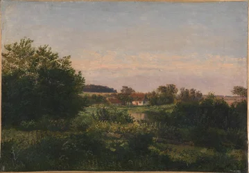 Paisagem com uma casa de campo ao lado de uma lagoa