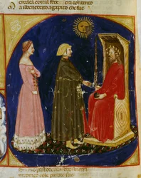 Encontro de Dante e Beatriz Justiniana, cena do Paraíso, Canto VI, de A Divina Comédia de Dante Alighieri (1265-1321), Veneto miniatura, Itália