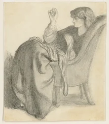 Lachesis: Estudo de Jane Morris sentado em uma cadeira de costura, década de 1860