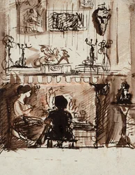 Lizzie Siddal e Woolner num quarto imaginário (caneta, tinta e aguada)