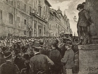 Funeral de Agostino Bertani (1812-1886), patriota e político italiano, Roma, Itália, desenho de Dante Paolocci, gravura de L