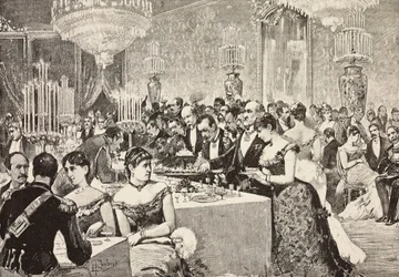 Sala de buffet, baile da corte no Quirinale, Roma, Itália, gravura a partir de desenho de Dante Paolocci, de L