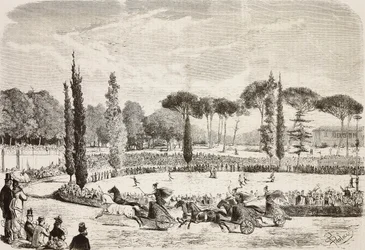 Corridas de bigas na Villa Borghese, Roma, Itália, gravura a partir de desenho de Dante Paolocci, de L