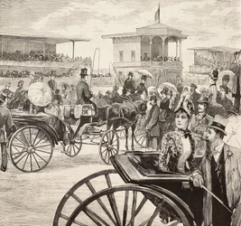 Homens e mulheres elegantes assistem a uma corrida de cavalos no hipódromo, Roma, Itália, gravura a partir de um desenho de Dante Paolocci, de L