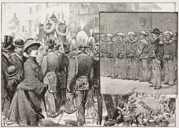Funeral do Almirante Luigi Buglione di Monale (1821-1884), Roma, Itália, gravura a partir de desenho de Dante Paolocci, de L