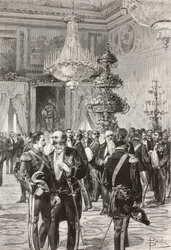 Políticos e oficiais italianos celebrando a véspera de Ano Novo no Palácio do Quirinal, Roma, Itália, gravura de Centenari a partir de desenho de Dante Paolocci, de L