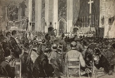 Exéquias dos mortos em Dogali na igreja de Sant Andrea della Valle, Roma, gravura a partir de desenho de Dante Paolocci, de L
