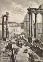 Passagem pelo Fórum, Roma, Itália, gravura a partir de desenho de Dante Paolocci, de L