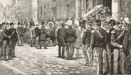 Políticos e oficiais no cortejo fúnebre de Luigi Mezzacapo (1814-1885), político e oficial italiano, Roma, Itália, gravura a partir de desenho de Dante Paolocci, de L