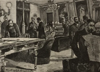 Sala de leitura no Palazzo Montecitorio, Roma, Itália, gravura após desenho de Dante Paolocci, de L