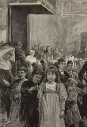 Receção de crianças nas celebrações do jubileu do Papa Leão XIII, Vaticano, gravura após desenho de Dante Paolocci, de L