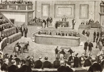 Sessão de 26 de julho do Senado italiano, Roma, Itália, gravura a partir de um desenho de Dante Paolocci, L