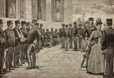 Sobreviventes de Dogali, guerra da Eritreia, recebidos pelos soberanos no jardim do Quirinal, Roma, Itália, por Dante Paolocci, L