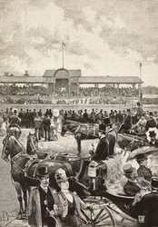 A tribuna, corrida de cavalos em Turim, Itália, gravura a partir de desenho de Dante Paolocci, de L