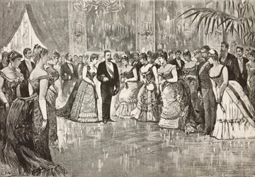 Umberto I (1844-1900), rei de Itália, e a sua mulher Margherita de Saboia (1851-1926) num baile no Palácio do Quirinal, Roma, Itália, gravura a partir de um desenho de Dante Paolocci, de L