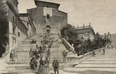 Vista da Basílica de Santa Maria in Aracoeli, Roma, Itália, gravura após desenho de Dante Paolocci, de L