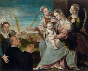 A Virgem e o Menino com Santa Catarina, Santa Lúcia, Santa Justina de Pádua e um monge beneditino - Pintura de Dario Varotari, o mais velho (1539-1596), óleo sobre tela