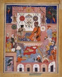 Misbah, o merceeiro, traz o espião para sua casa, fólio de um Hamzanama..., ca. 1570.