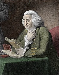 Retrato de Benjamin Franklin (1706-1790), filósofo, físico e embaixador americano. Gravura depois de um quadro de David Martin.