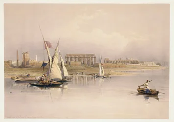 Egito, ruínas de Luxor do Rio Nilo, gravura baseada em desenho de David Roberts