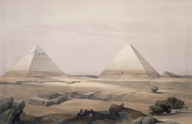 As pirâmides de Gizé, gravura de desenho de David Roberts (1796-1864), do Egito e Núbia