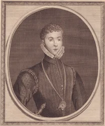 Retrato de Henry Stuart, Lord Darnley (1545-1567), King Consort of Scotland, gravura em cobre de John Goldar (1729-1795) de pintura de Lucas de Heere