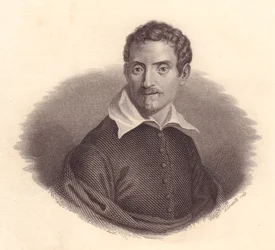 Retrato do pintor italiano Domenico Zampieri também conhecido como Domenichino (1581-1641), gravura em cobre de A Locatelli