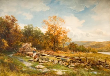 Cerca de maré no rio Conwy em Bachlediog, 1891 99 rio; Conwy; Conway; Cerca de maré; barreira; bachlediog; Afon Conwy; Conway; panorama; País de Gales; Galês; outono; outonal;
