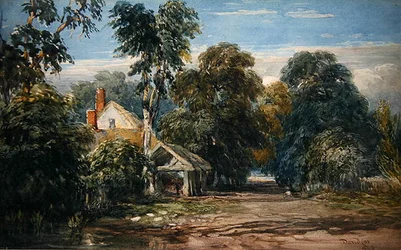 Uma casa de campo e Byre à beira de uma madeira
