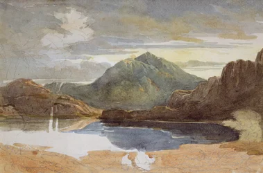 Um lago em North Wales, Snowdon na distância (wc no papel)