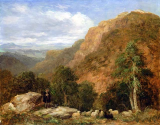 Uma vista de cima de Bettws-y-Coed, Moel Siabod e a cordilheira de Snowdon à distância, 1853