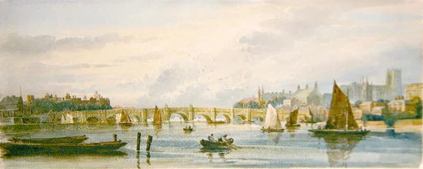 Uma Vista da Ponte de Westminster olhando para oeste em direcção ao Palácio Lambeth e à Abadia de Westminster (lápis e aguarela sobre papel)