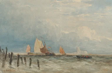 Pesca holandesa ao largo da costa, com a Grote Kerk, Dordrecht ao longe