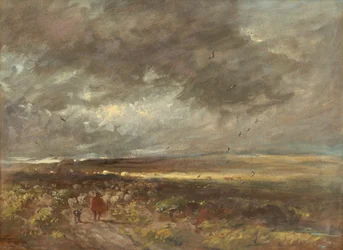Paisagem da charneca: pastor e ovelhas (óleo sobre papel sobre tela)