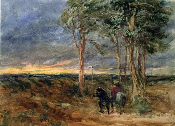 Viajantes que se aproximam de uma placa de sinalização em um Heath, 1851