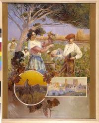 Aigues Mortes (Aigues-Mortes), Arles, a Camargue: uma jovem mostra um belo cacho de uvas que acabou de colher de uma vinha. David Dellepiane (1866-1932), o pontilhismo. Menção obrigatória: Fondação de colecção no que diz respeito a de Provence, Marselha (c
