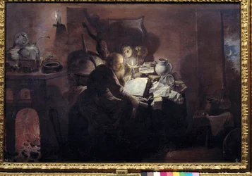 O alquimista no seu estúdio. Pintura de David Ryckaert III (Rijckaert) (1612 - 1661) Ec. Flam.