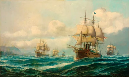 A esquadra do vice-almirante Phipps Hornby a vapor pelos Dardanelos, a caminho de Constantinopla, fevereiro de 1878