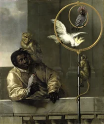 Homem negro com papagaios e macacos, 1670