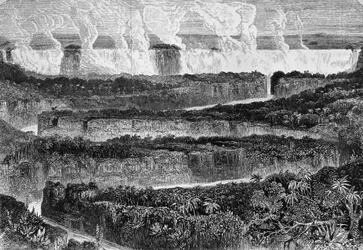 Vista de grandes cataratas do Zambeze, conhecidas como Mosi-oa-Tuny ou Victoria Falls, Zâmbia, gravura de Narrative of Expedition para o Zambeze e seus afluentes, por David Livingstone (1813-1873) e Charles Livingstone (1821-1873), Londres