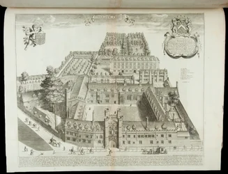 &39;Collegium Christi&39;, vista do colégio de Cristo Cambridge, 1690