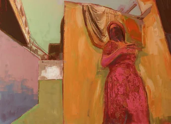 Woman in Pink Dress, 2016, Mixed Media on Wood Panel