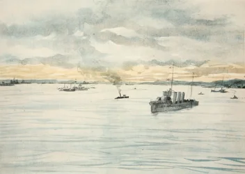 Um contratorpedeiro num porto, ilustração de "The Western Front", pub. por Country Life Ltd