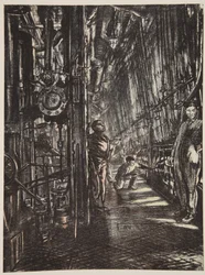 Uma sala de caldeiras num navio de guerra, ilustração de "The Western Front", pub. por Country Life Ltd