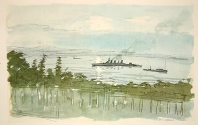Um cruzador ligeiro: à noite, ilustração de "The Western Front", pub. por Country Life Ltd