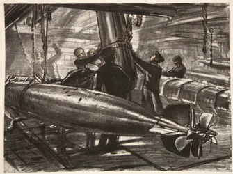 No torpedo submerso de um navio de guerra, ilustração de "The Western Front", pub. por Country Life Ltd